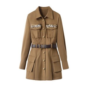 Chaqueta patchwork con cinturón urbano estilo ropa de trabajo informal de moda para mujer.