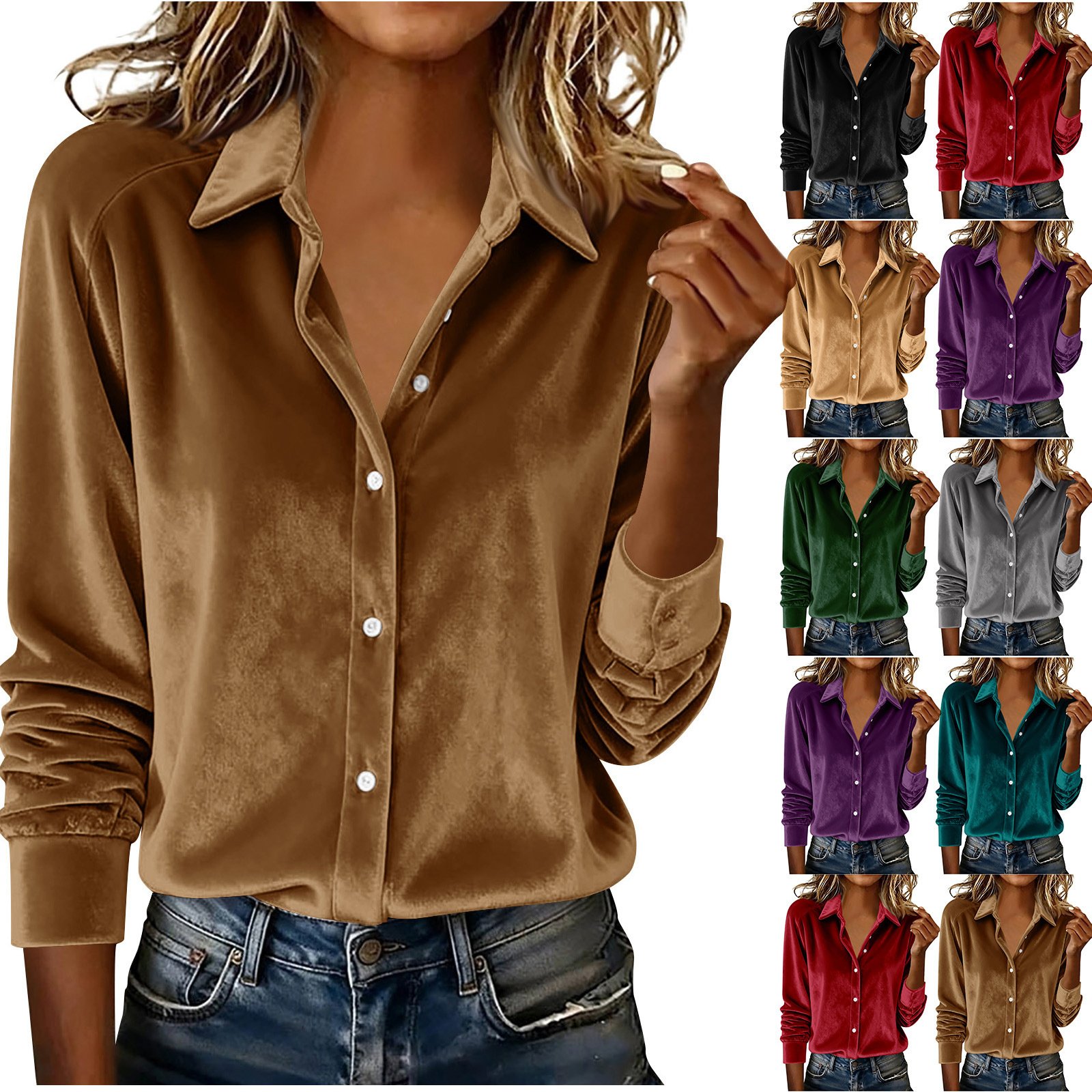 Camisa versátil de terciopelo dorado de color liso con cuello de solapa - Imagen 4