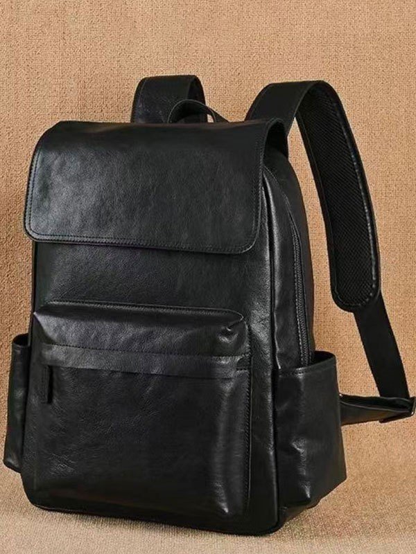 Mochila de cuero para commuter de gran capacidad con diseño de tapa abatible y múltiples bolsillos - Imagen 5