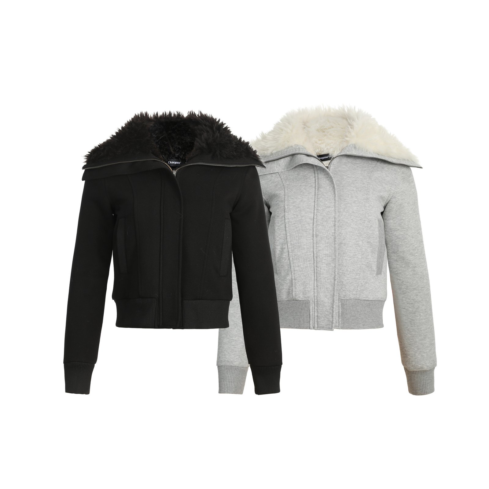 Chaqueta retro inclinada de doble cremallera con gran cuello de piel y capucha - Imagen 5