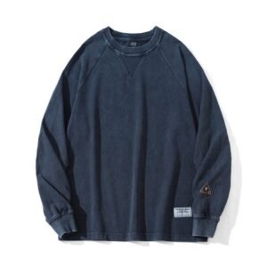 Camiseta de manga larga holgada de algodón lavado con cuello redondo para hombre