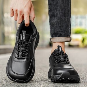 Zapatos descalzos de cuero para pies anchos para parejas Otoño/Invierno Zapatillas atléticas resistentes al agua Zapatos casuales todo negro de horma