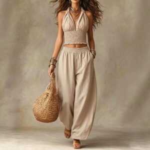 Conjunto de dos piezas de lino para mujer: top corto con escote en V y pantalón largo holgado.