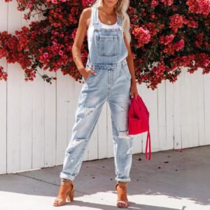 Peto vaquero azul corto para mujeres con detalles rasgados Moda casual Diseño de tirantes, perfectos para el uso diario